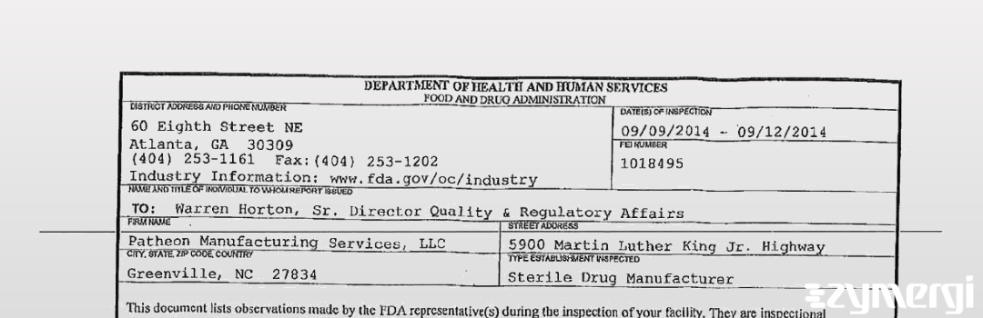 FDANews 483 Patheon Manufacturing Services LLC Sep 12 2014 top