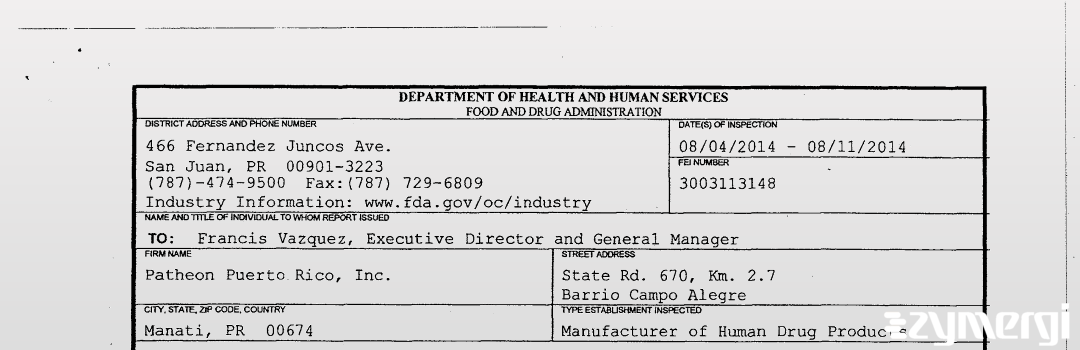 FDANews 483 Patheon Puerto Rico Inc. Aug 11 2014 top