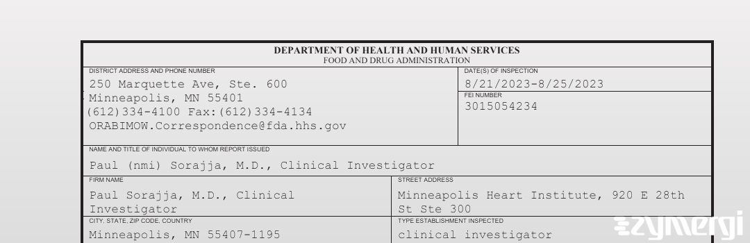 FDANews 483 Paul Sorajja, M.D., Clinical Investigator Aug 25 2023 top