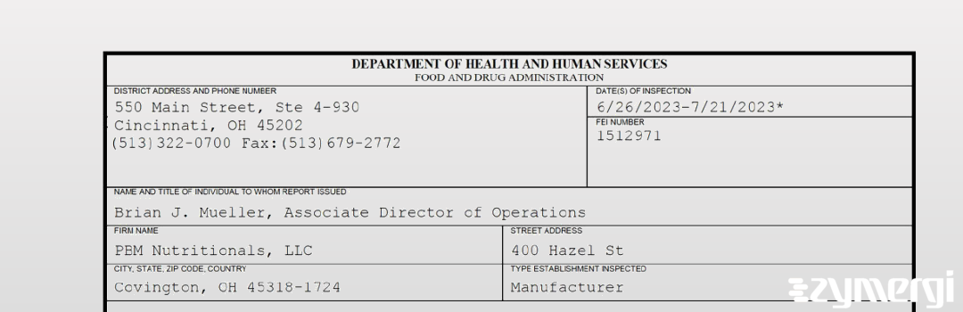 FDANews 483 PBM Nutritionals, LLC Jul 21 2023 top