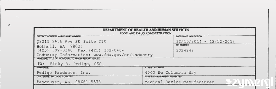 FDANews 483 Pedigo Products, Inc. Dec 12 2014 top
