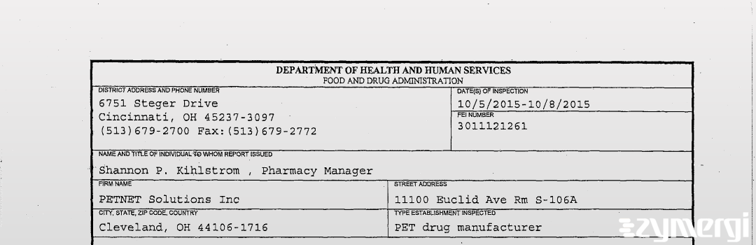 FDANews 483 PETNET Solutions, Inc. Oct 8 2015 top