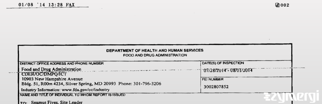 FDANews 483 Pfizer Ireland Pharmaceuticals Inc. Aug 1 2014 top