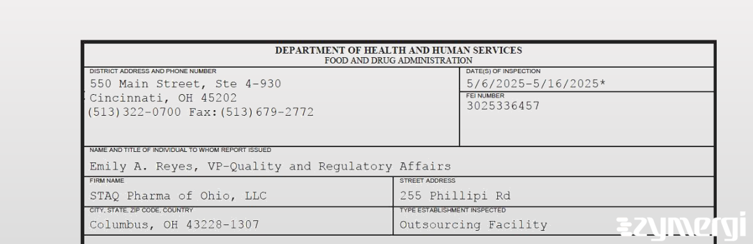 FDANews 483 STAQ Pharma of Ohio, LLC May 16 2025 top
