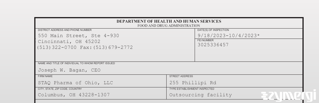 FDANews 483 STAQ Pharma of Ohio, LLC Oct 4 2023 top