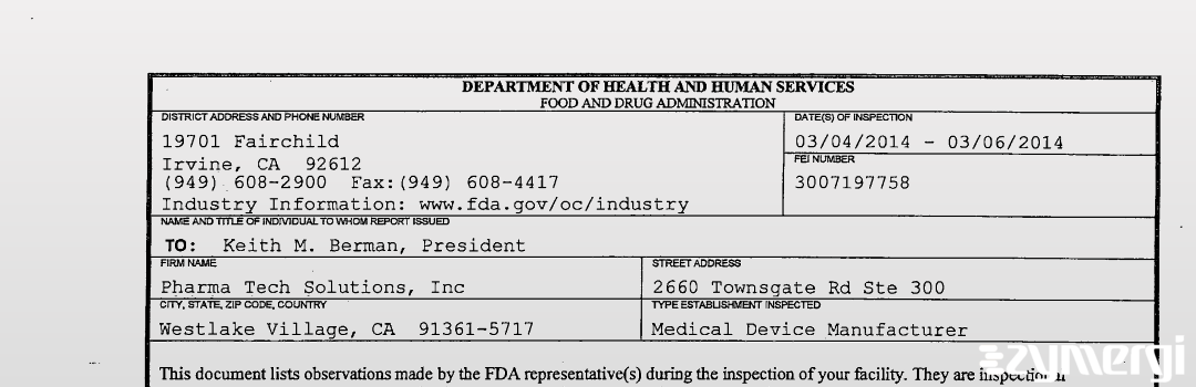 FDANews 483 Pharma Tech Solutions, Inc Mar 6 2014 top