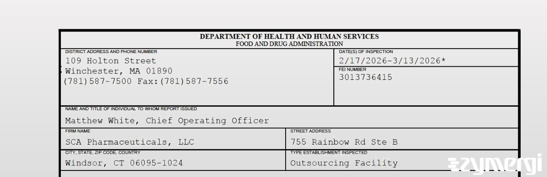 FDANews 483 SCA Pharmaceuticals, LLC Mar 13 2026 top