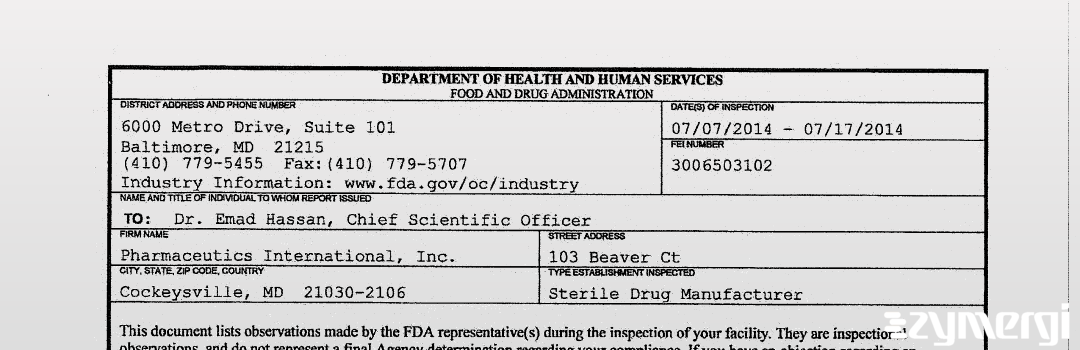 FDANews 483 Pharmaceutics International, Inc. Jul 17 2014 top