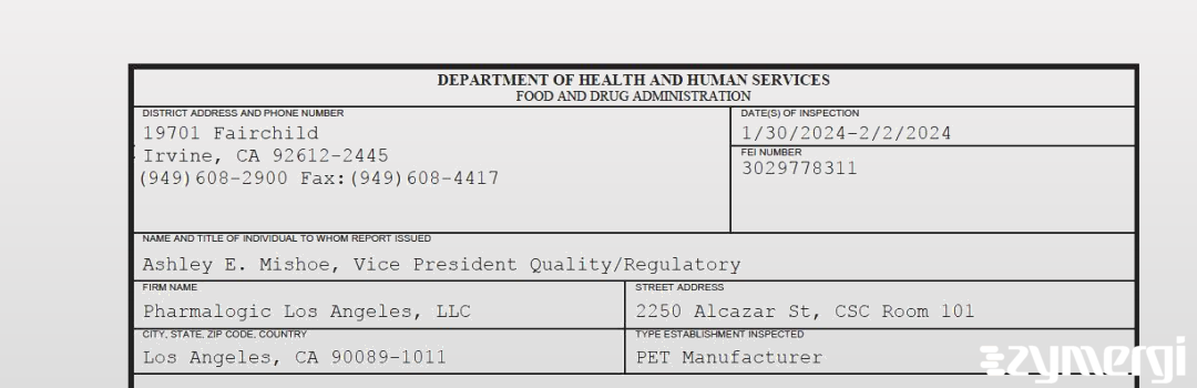 FDANews 483 Pharmalogic Los Angeles, LLC Feb 2 2024 top