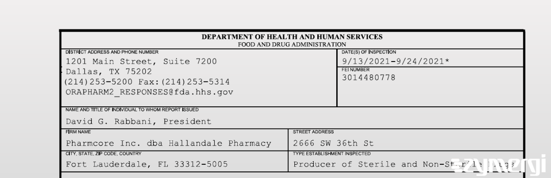 FDANews 483 Pharmcore Inc. dba Hallandale Pharmacy Sep 24 2021 top