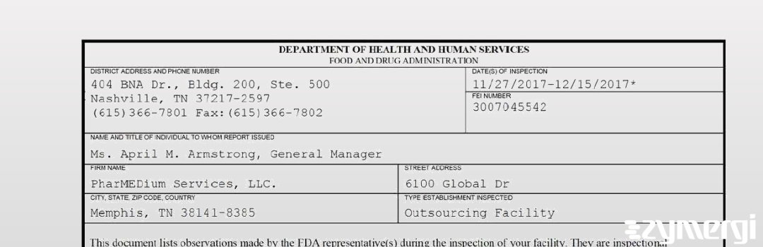 FDANews 483 PharMEDium Services, LLC. Dec 15 2017 top