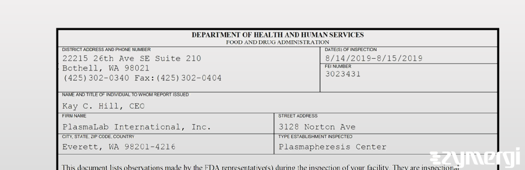 FDANews 483 PlasmaLab International, Inc. Aug 15 2019 top
