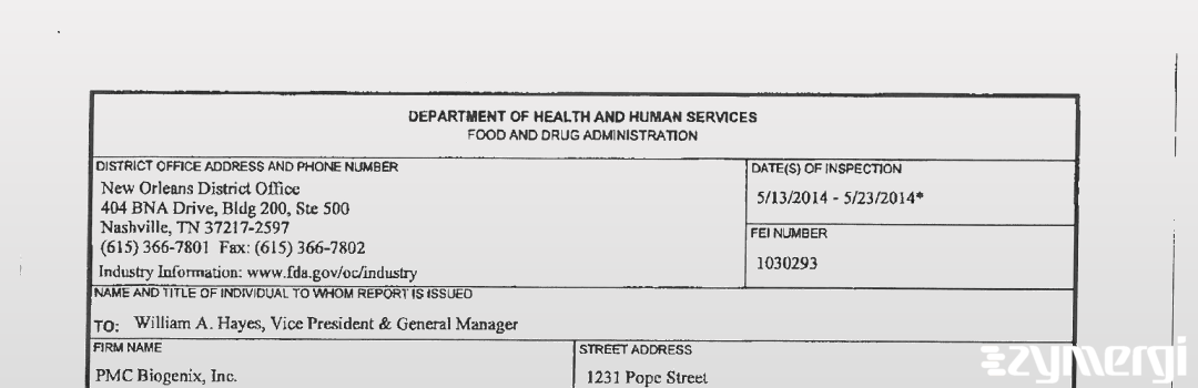 FDANews 483 PMC Biogenix, Inc. May 23 2014 top
