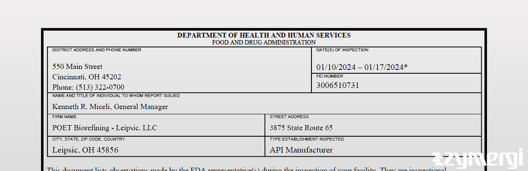 FDANews 483 POET Biorefining - Leipsic, LLC Jan 17 2024 top