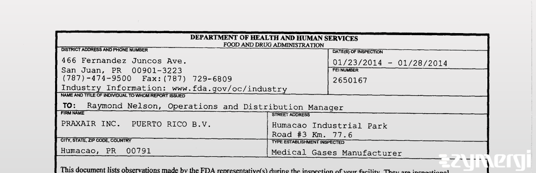 FDANews 483 PRAXAIR INC.  PUERTO RICO B.V. Jan 28 2014 top