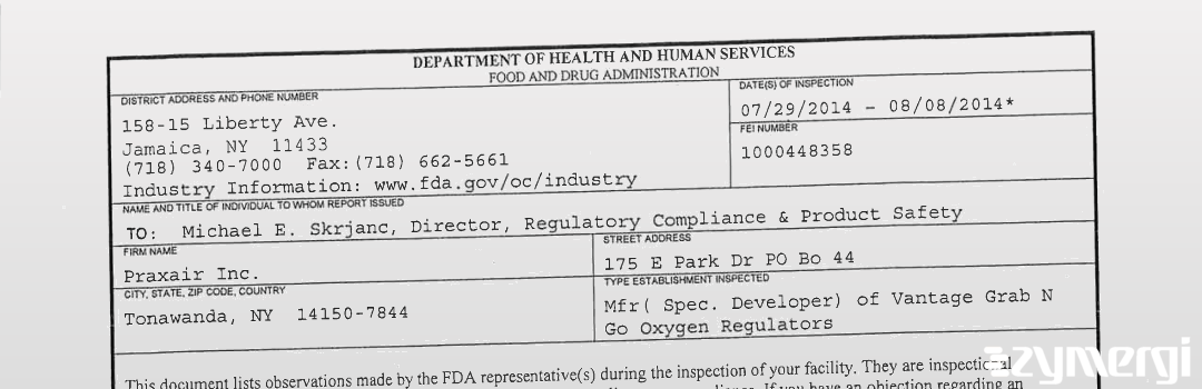 FDANews 483 Praxair Inc. Aug 8 2014 top