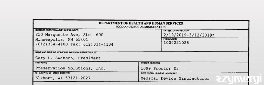 FDANews 483 Preservation Solutions, Inc. Mar 12 2019 top