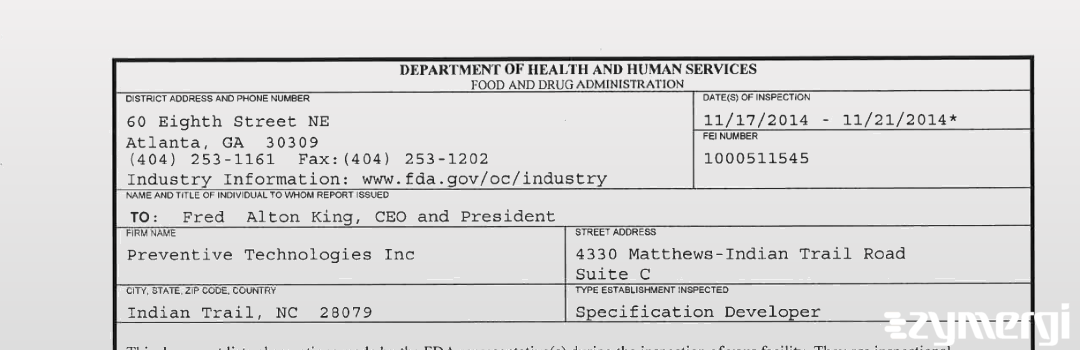 FDANews 483 Preventive Technologies Inc Nov 21 2014 top