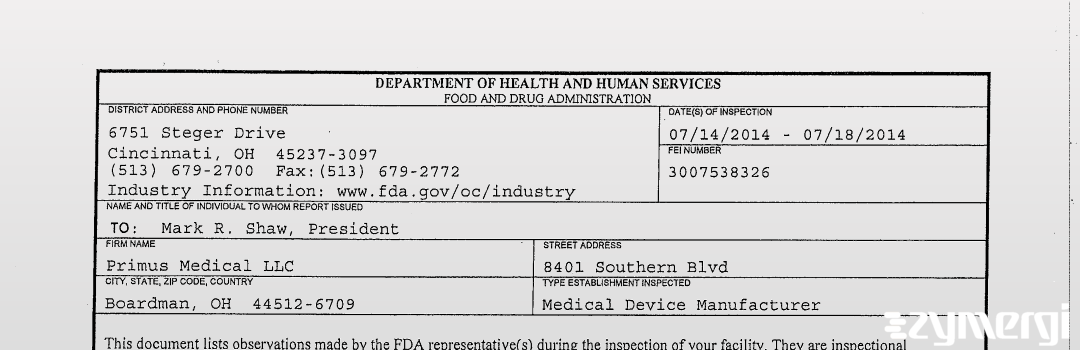 FDANews 483 Primus Medical LLC Jul 18 2014 top