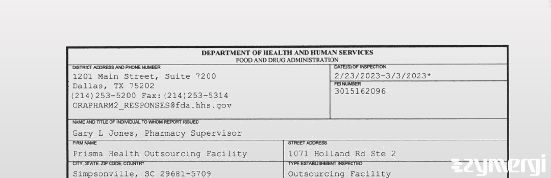 FDANews 483 Prisma Health Outsourcing Facility Mar 3 2023 top