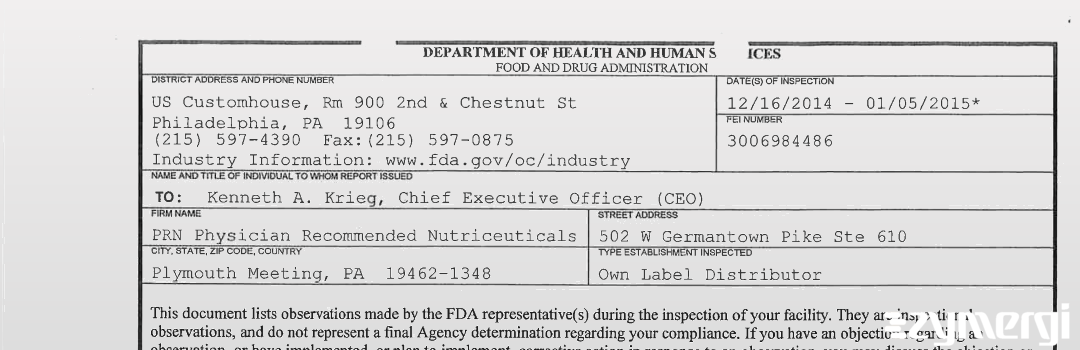 FDANews 483 PRN Physician Recommended Nutriceuticals Jan 5 2015 top
