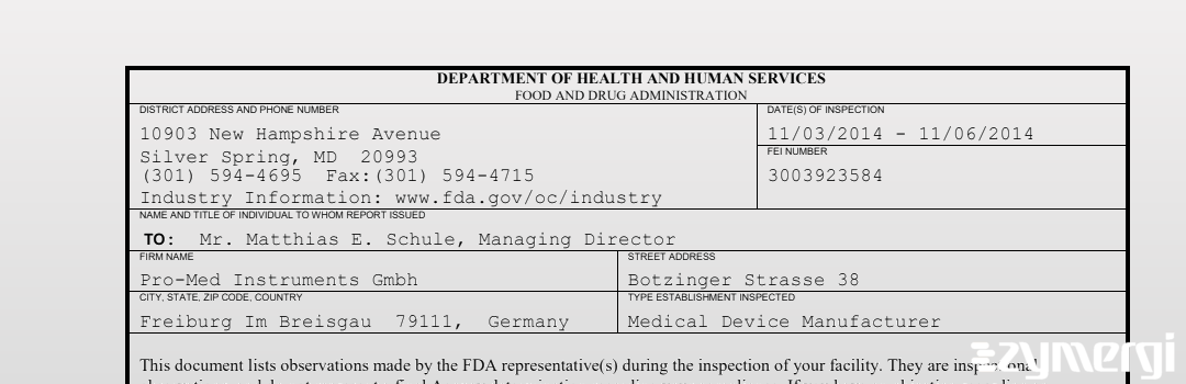 FDANews 483 Pro-Med Instruments Gmbh Nov 6 2014 top