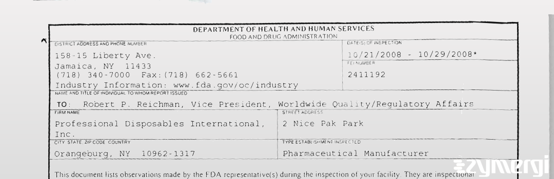FDANews 483 Professional Disposables International, Inc. Oct 29 2008 top