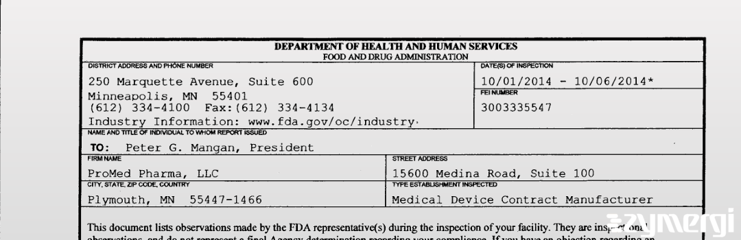 FDANews 483 ProMed Pharma, LLC Oct 6 2014 top