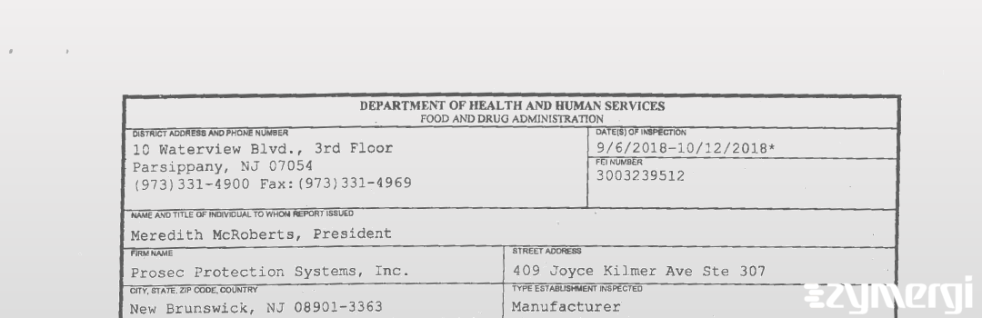 FDANews 483 Prosec Protection Systems, Inc. Oct 12 2018 top
