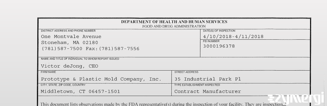 FDANews 483 Prototype & Plastic Mold Company, Inc. Apr 11 2018 top