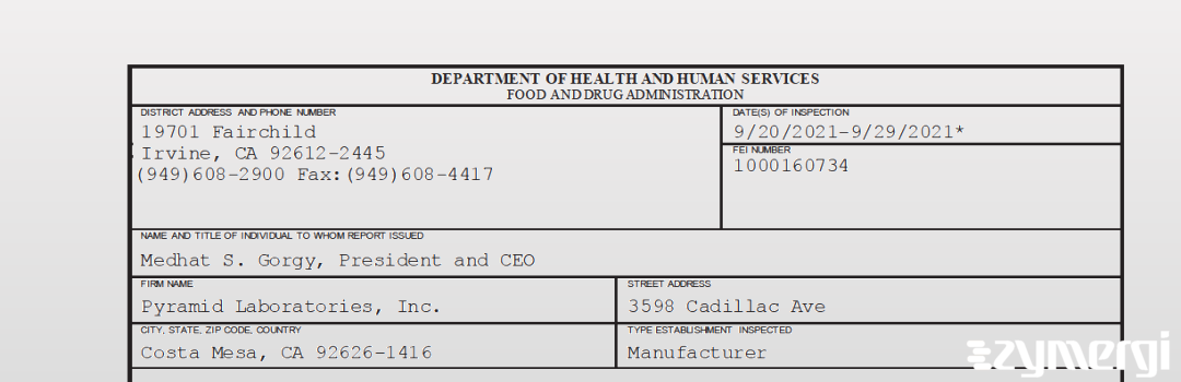 FDANews 483 Pyramid Laboratories, Inc. Sep 29 2021 top