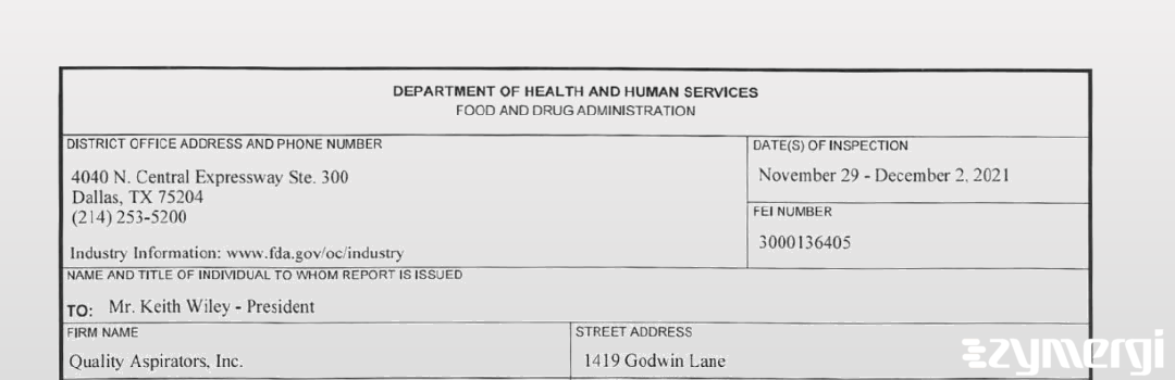 FDANews 483 Quality Aspirators, Inc Dec 2 2021 top
