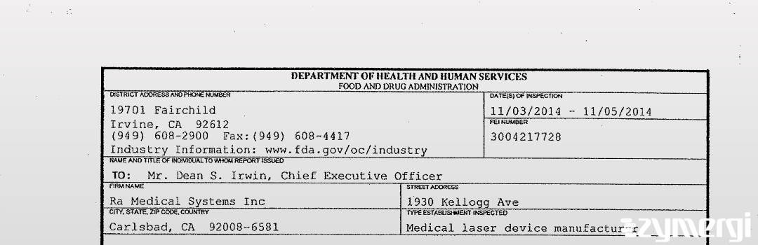 FDANews 483 Ra Medical Systems, Inc. Nov 5 2014 top