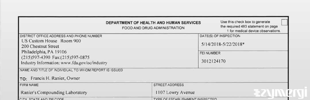 FDANews 483 Ranier's Compounding Laboratory May 22 2018 top