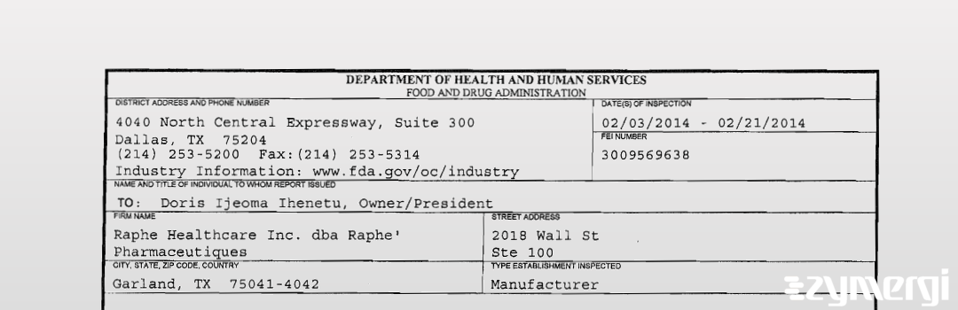 FDANews 483 Raphe Healthcare Inc. dba Raphe' Pharmaceutiques Feb 21 2014 top