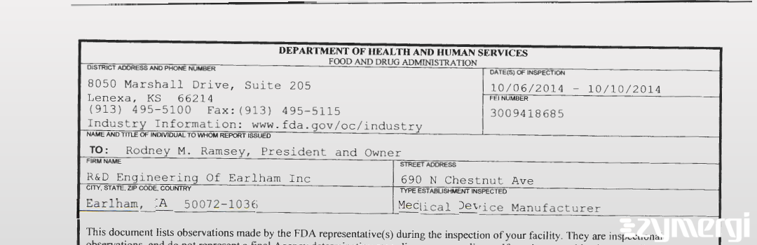 FDANews 483 R&D Engineering Of Earlham Inc Oct 10 2014 top