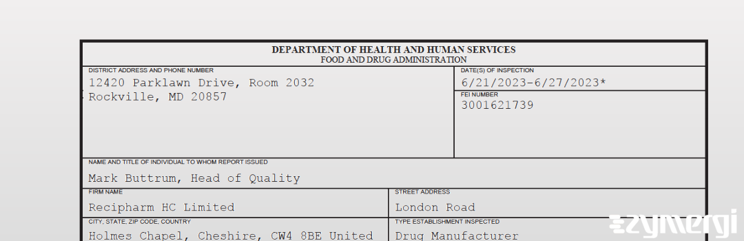 FDANews 483 Recipharm HC Limited Jun 27 2023 top
