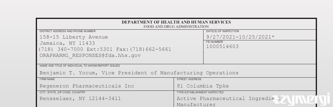 FDANews 483 Regeneron Pharmaceuticals Inc Oct 25 2021 top