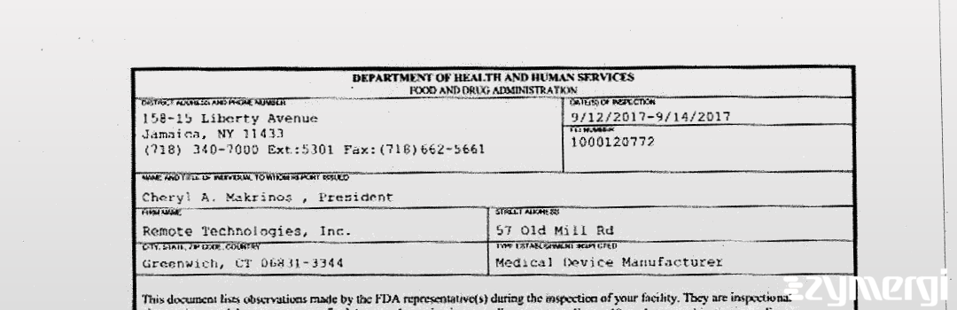 FDANews 483 Remote Technologies, Inc. Sep 14 2017 top