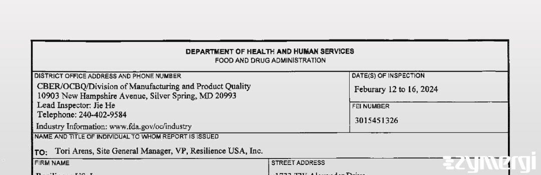 FDANews 483 Resilience US, Inc. Feb 16 2024 top
