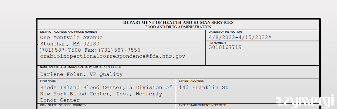FDANews 483 Rhode Island Blood Center, a Division of New York Blood Center, Inc., Westerly Donor Center Apr 15 2022 top