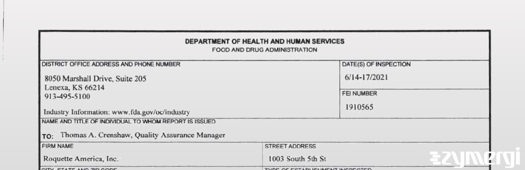 FDANews 483 Roquette America, Inc. Jun 17 2021 top