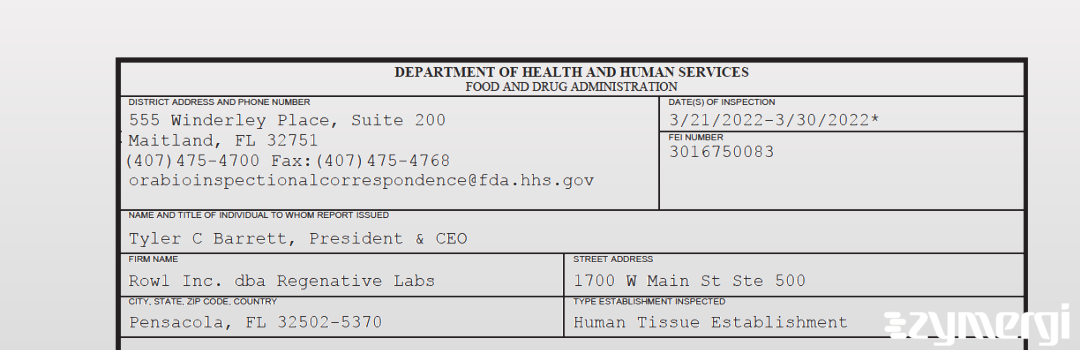 FDANews 483 Row1 Inc. dba Regenative Labs Mar 30 2022 top
