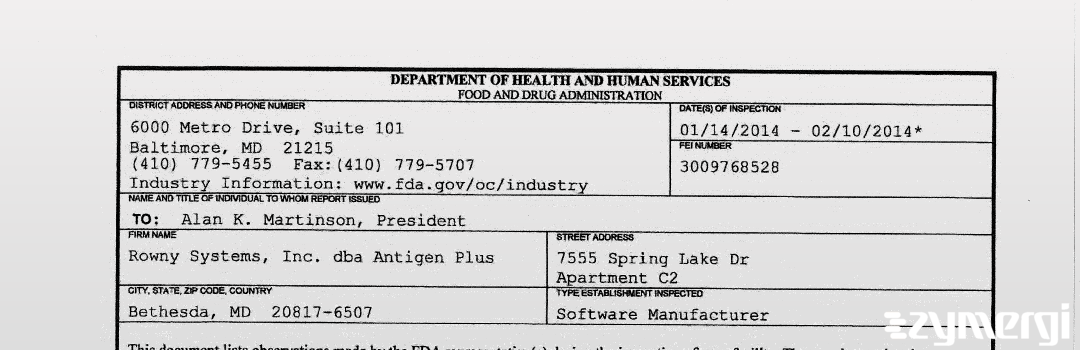 FDANews 483 Rowny Systems, Inc. dba Antigen Plus Feb 10 2014 top