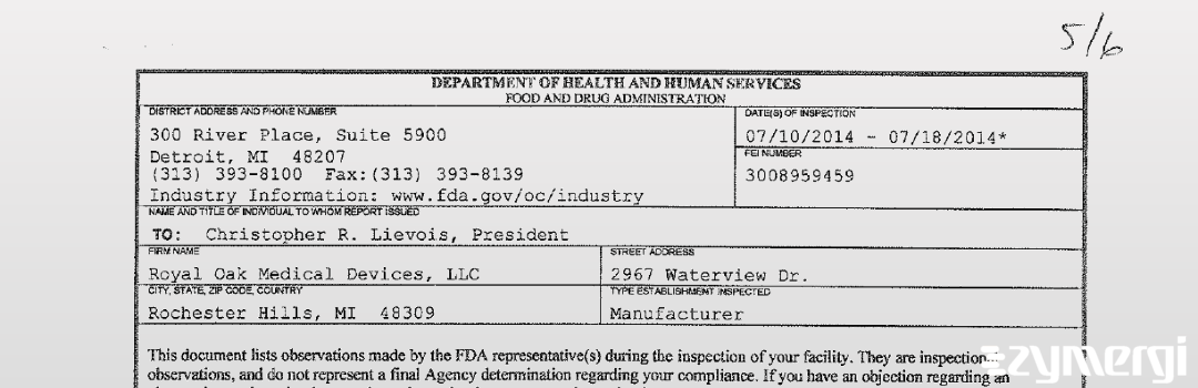 FDANews 483 Royal Oak Medical Devices, LLC Jul 18 2014 top