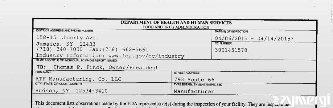 FDANews 483 RTF Manufacturing. Co. LLC Apr 14 2015 top