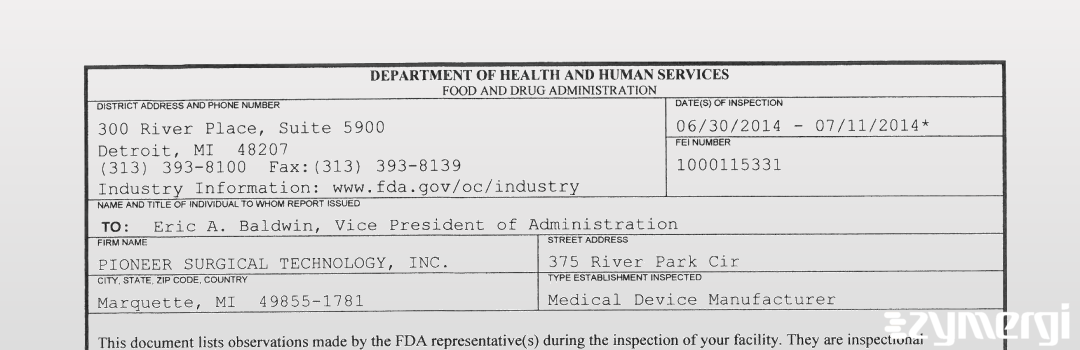 FDANews 483 RTI Surgical, Inc. (dba Pioneer Surgical Technology, Inc.) Jul 11 2014 top