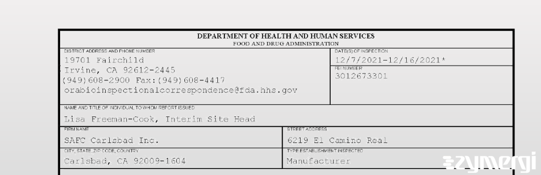 FDANews 483 SAFC Carlsbad Inc. Dec 16 2021 top