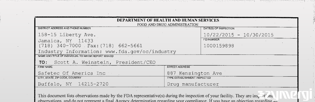 FDANews 483 Safetec Of America, Inc. Oct 30 2015 top