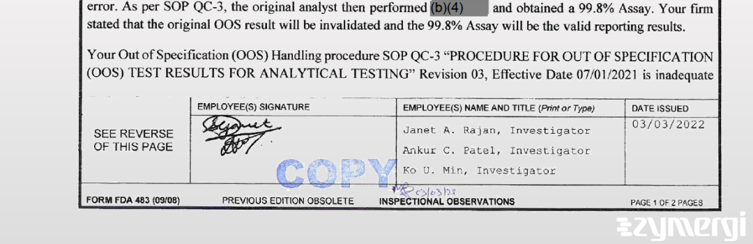 Ko U. Min FDA Investigator Janet A. Rajan FDA Investigator Ankur C. Patel FDA Investigator 